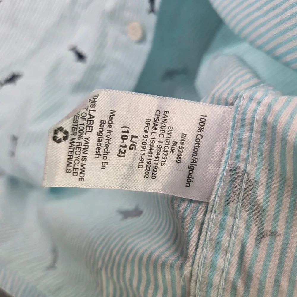 Wonder Nation Boys Button Up Shirt Size L 10-12 Blue Stripe Shark Short Sleeve